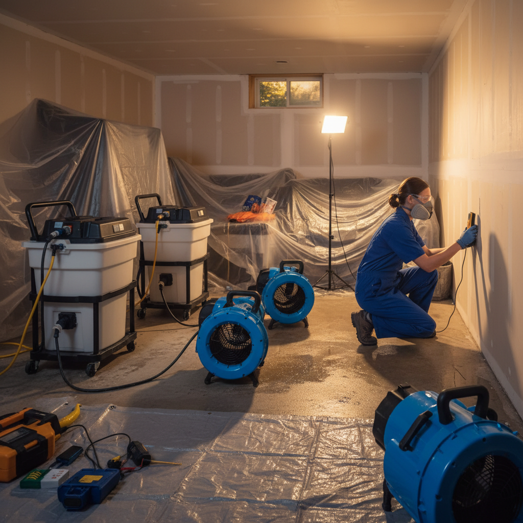 Basement water damage setup with dehumidifiers, air movers, and technician using a moisture meter during mold remediation services