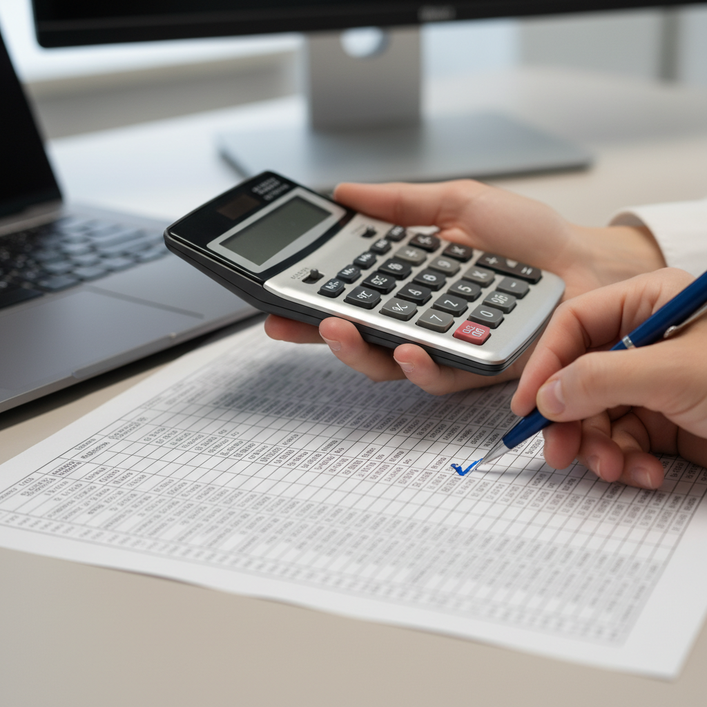 Close-up of auditor verifying cash flow forecast and calculator for going concern accounting