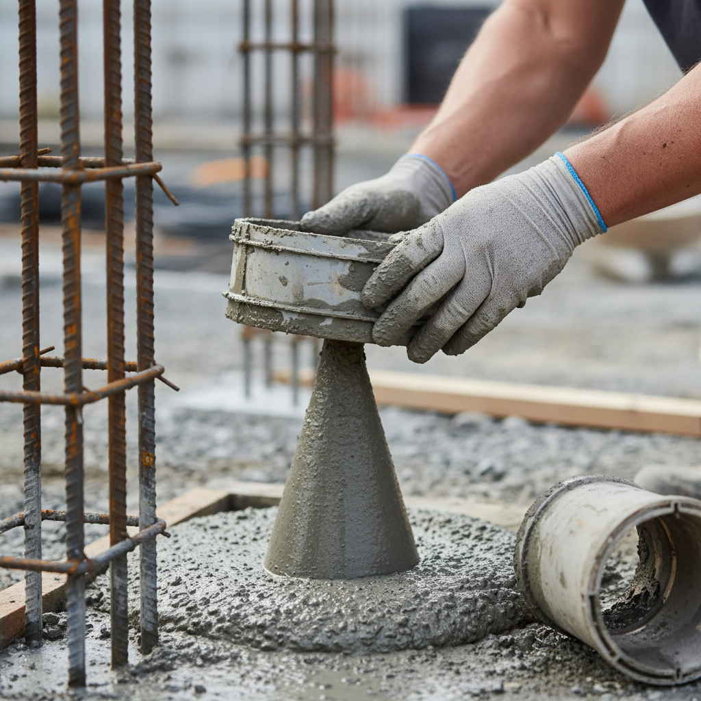 Close-up concrete slump test performed on Texas jobsite as part of construction quality control procedures