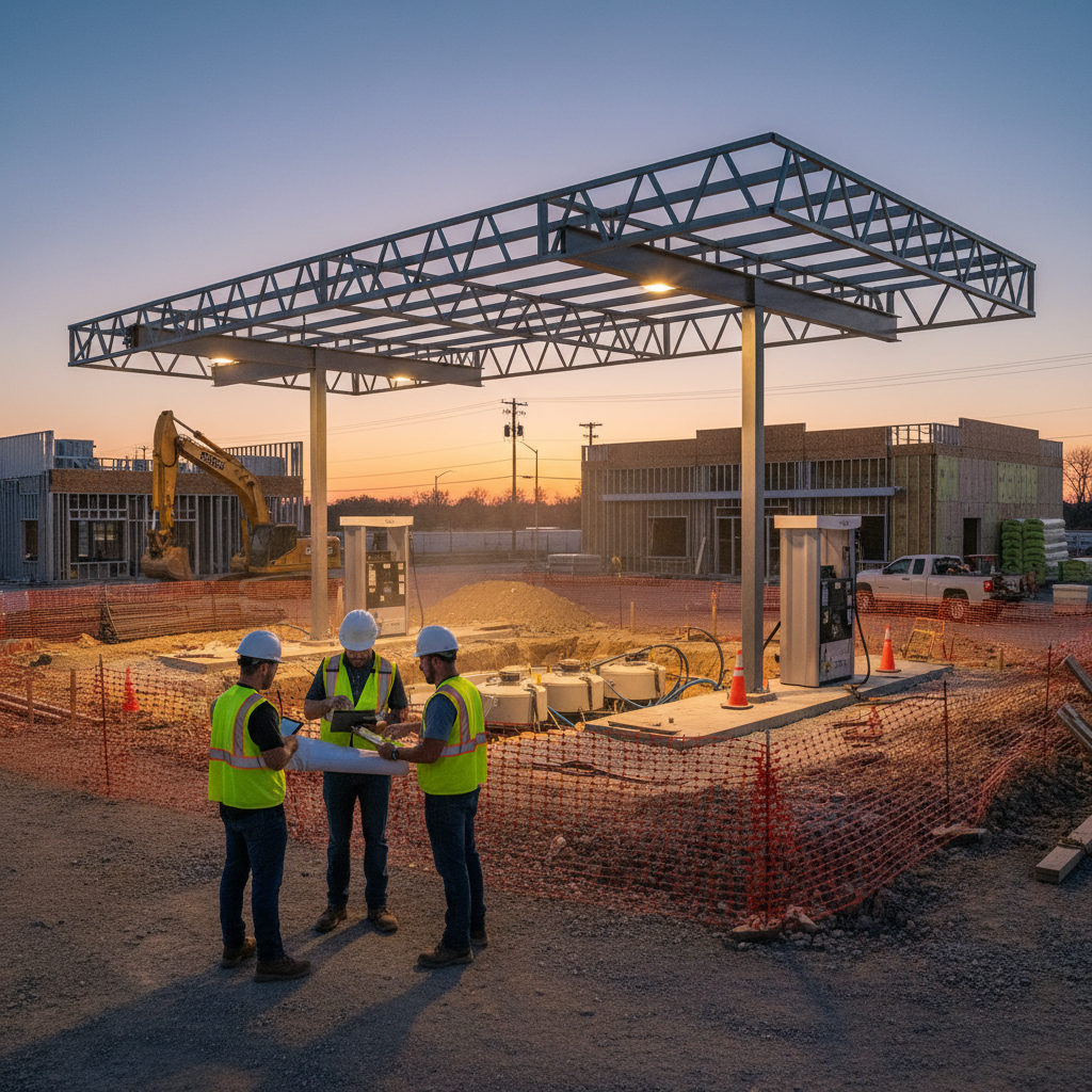 Gas station and convenience store under construction in Texas with canopy steel and fuel system QC checks