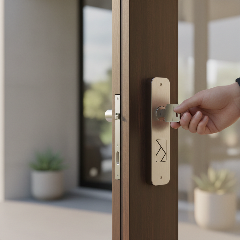 Close-up of keys entering a modern home door lock, symbolizing secure real estate listings and direct buyer connections