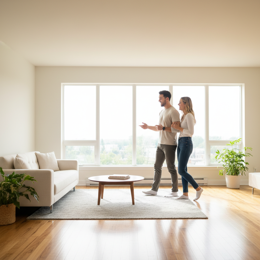 Couple touring a bright open-concept living room, evaluating features from a real estate listing on a mobile app