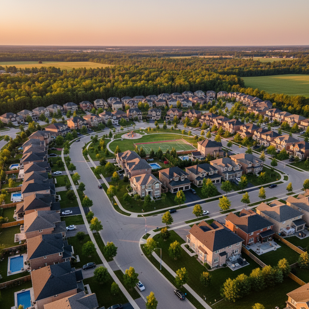 Aerial view of Canadian suburban neighborhood near Aurora showing homes for real estate listings on a social marketplace