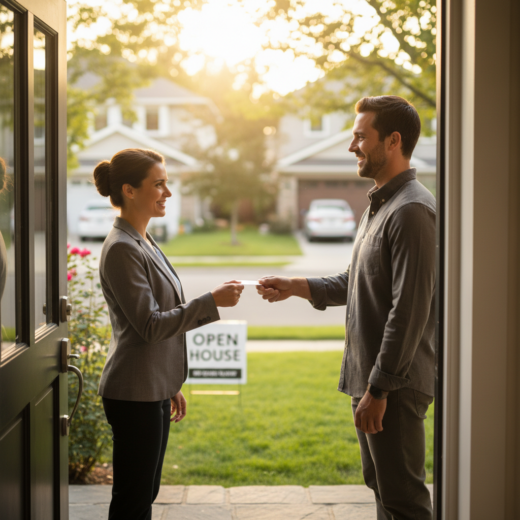 Real estate agent handing a same-day printed business card to a homeowner at an open house