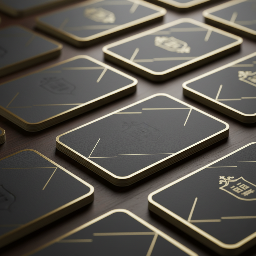 Close-up of premium same-day realtor business cards with soft-touch matte finish and subtle foil edges