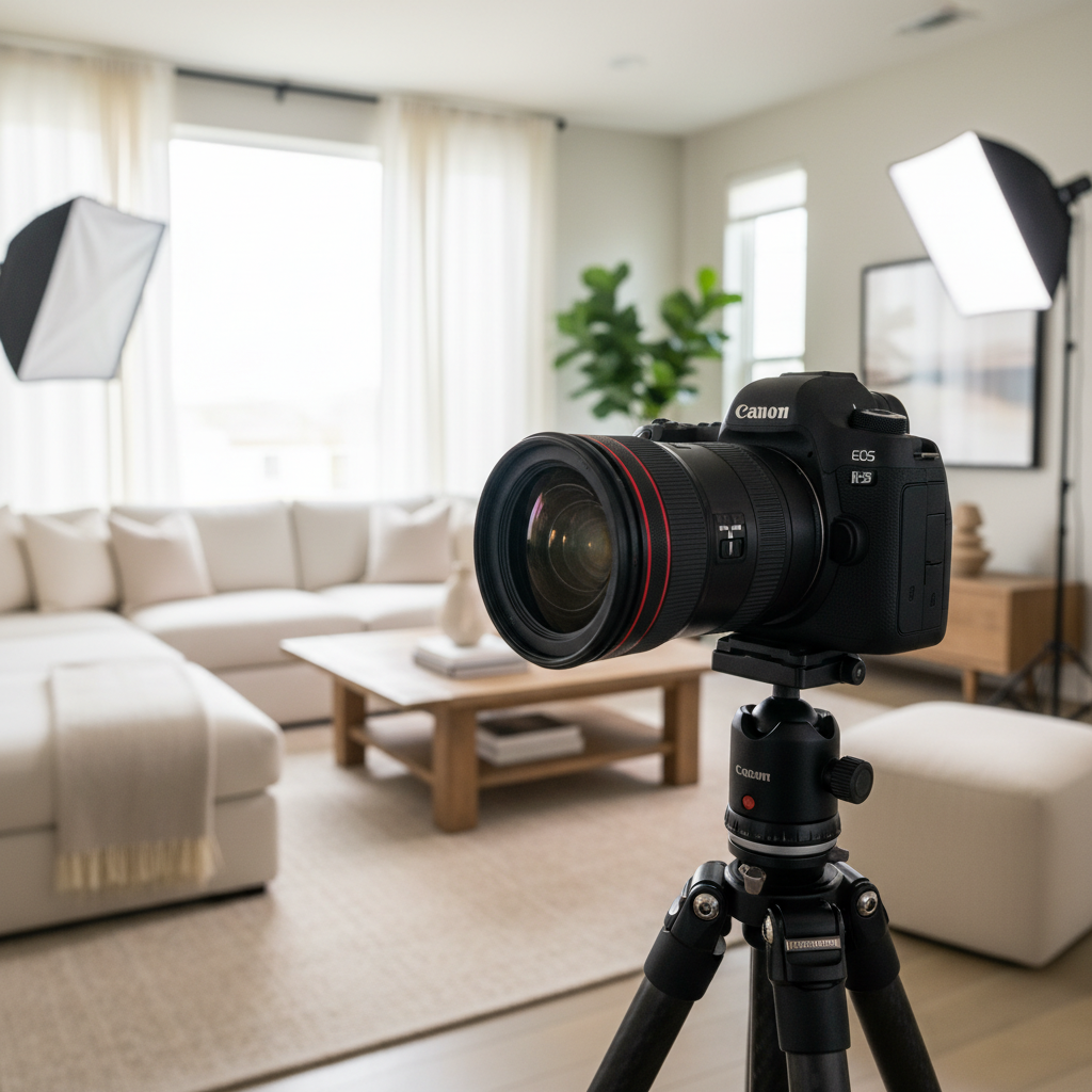 DSLR on tripod capturing a bright staged living room for an MLS realtor listing photo set