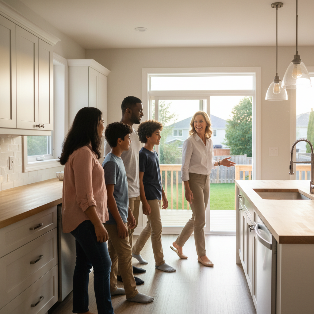 Family touring a sunlit kitchen with a realtor in a Canadian suburban home near the GTA, aligned with MLS realtor showing best practices