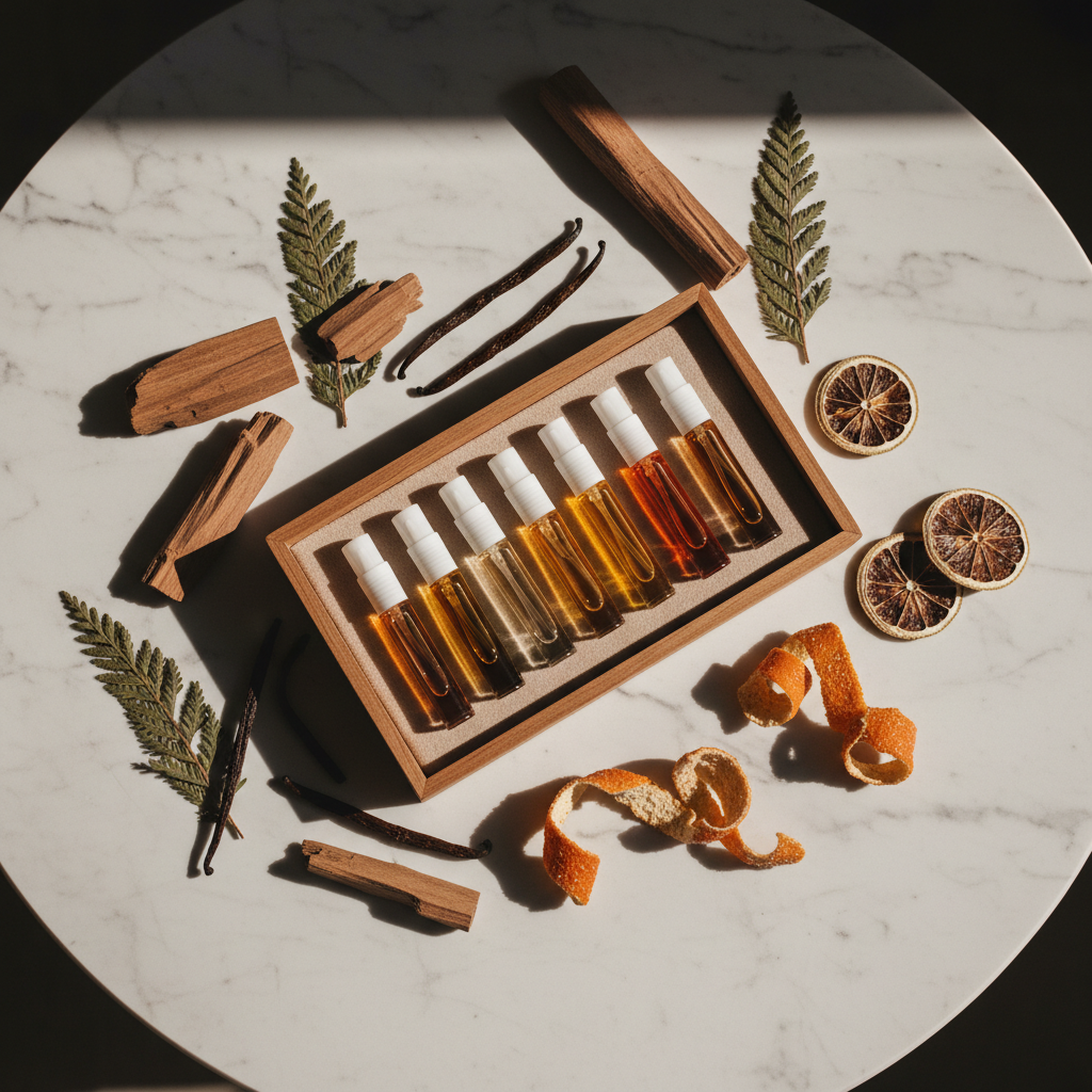 Curated discovery set of perfume vials with woods, vanilla, and citrus for testing longevity