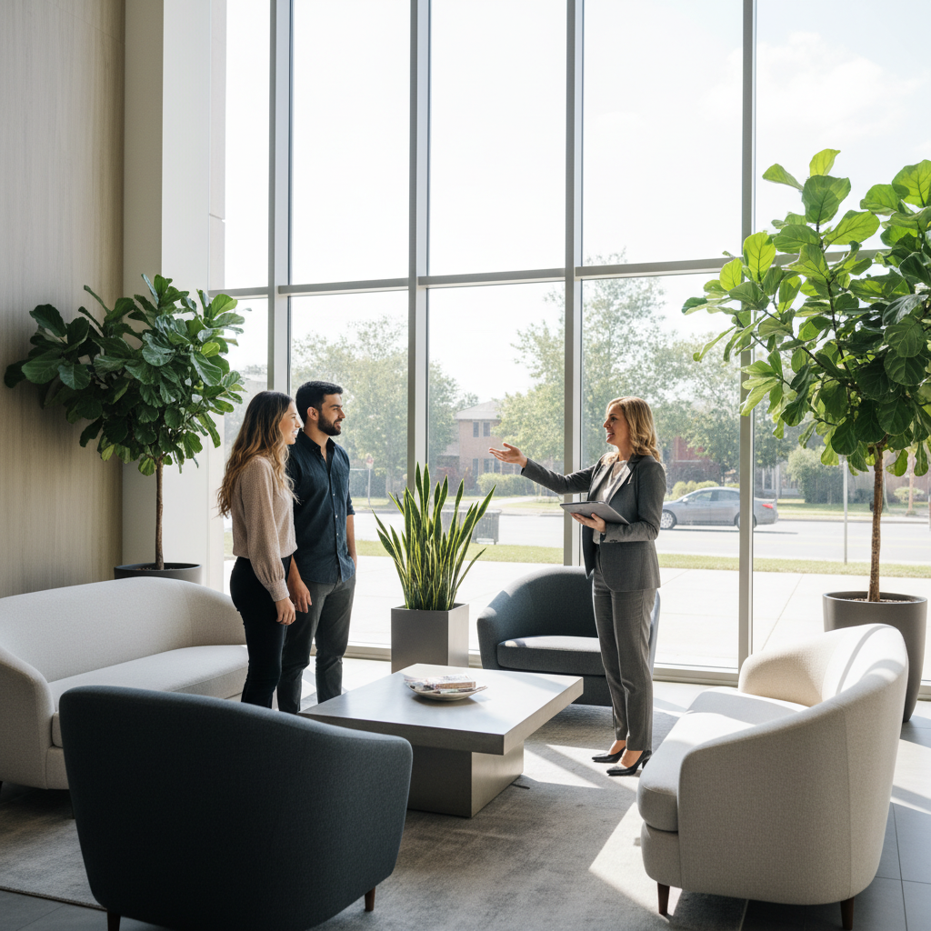 Brampton realtor guiding condo buyers through a modern lobby to avoid common condo buying mistakes