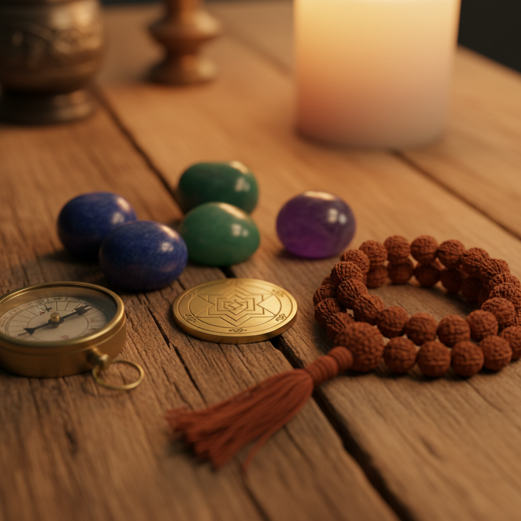 Close-up of gemstones, yantra, and rudraksha used with weekly horoscope planning tips and muhurat timing