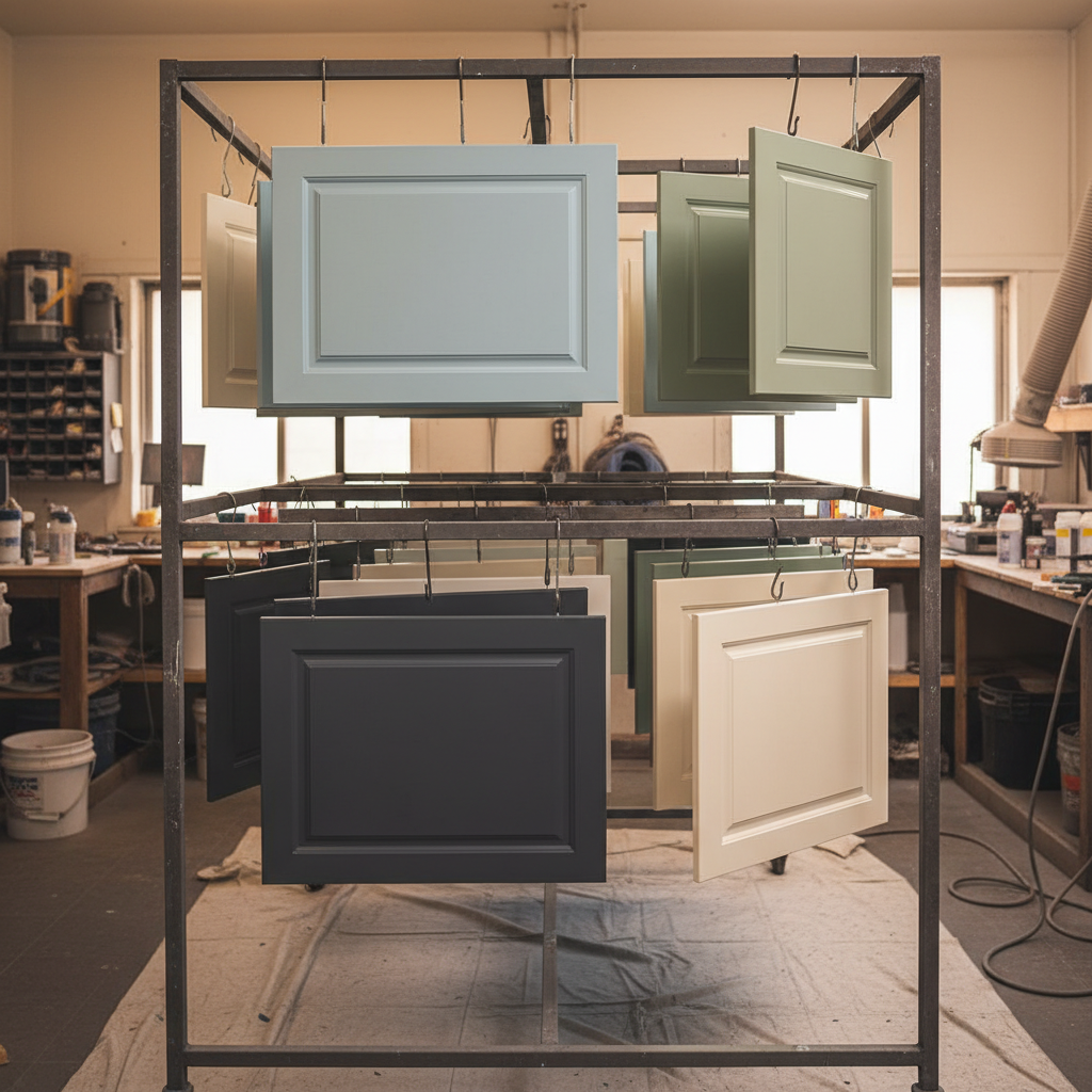 Cabinet doors drying on racks after professional spray painting with Benjamin Moore cabinet enamel, even satin sheen