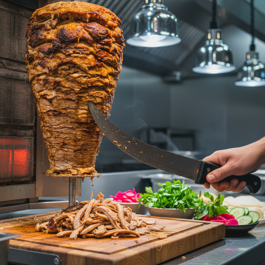 Close-up of shawarma being sliced for catering in Toronto, showing authentic Turkish flavors and portion planning for the right catering package