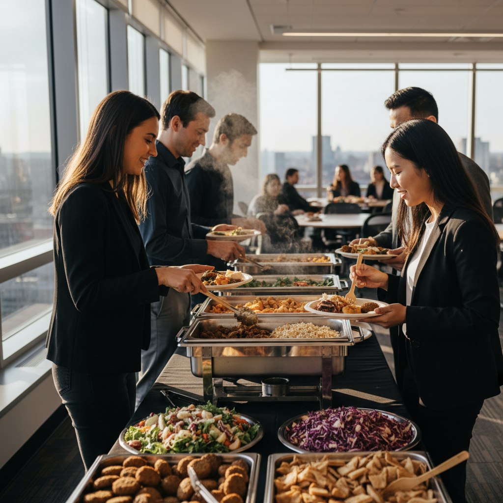Office lunch buffet in Toronto with shawarma trays, salads, and eco-friendly plates, illustrating how to pick the right catering package for teams