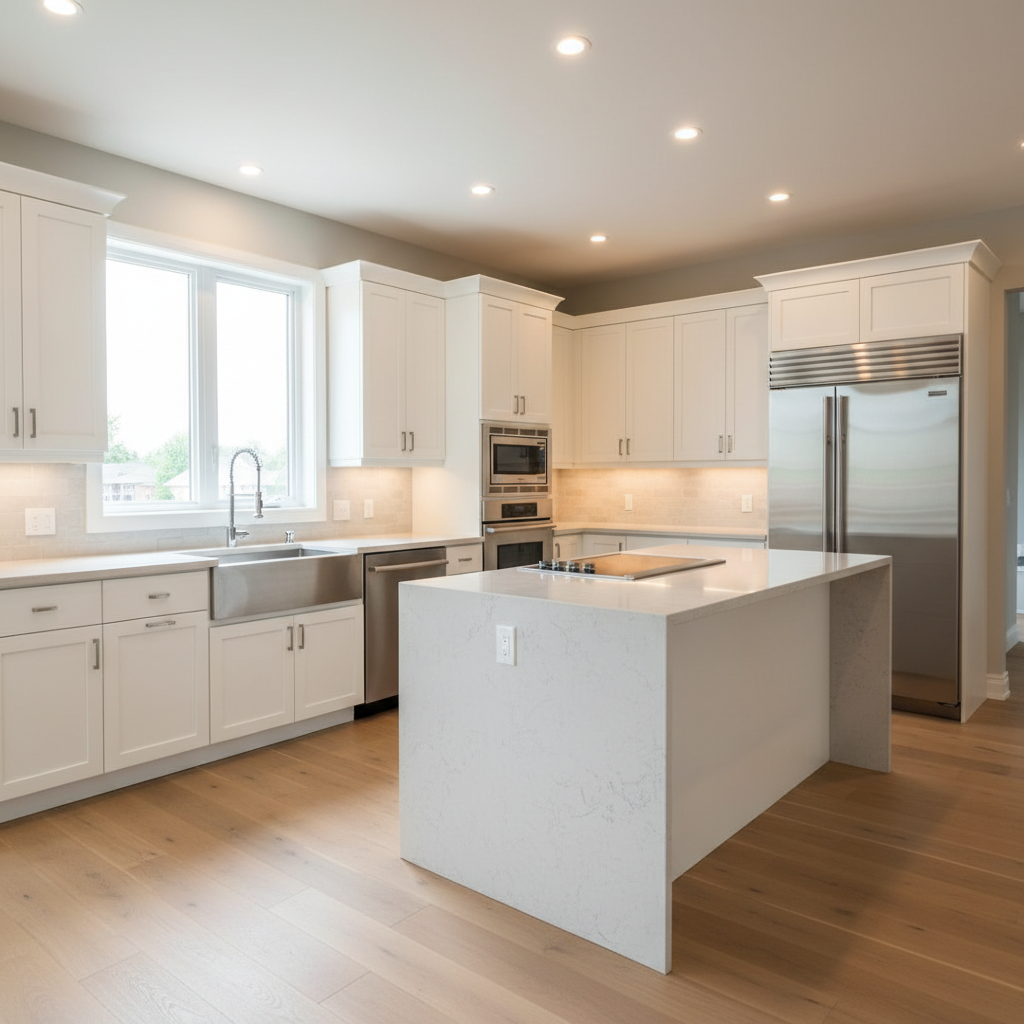 Modern Toronto kitchen with freshly refinished cabinets using Benjamin Moore cabinet paint in satin white, bright natural daylight