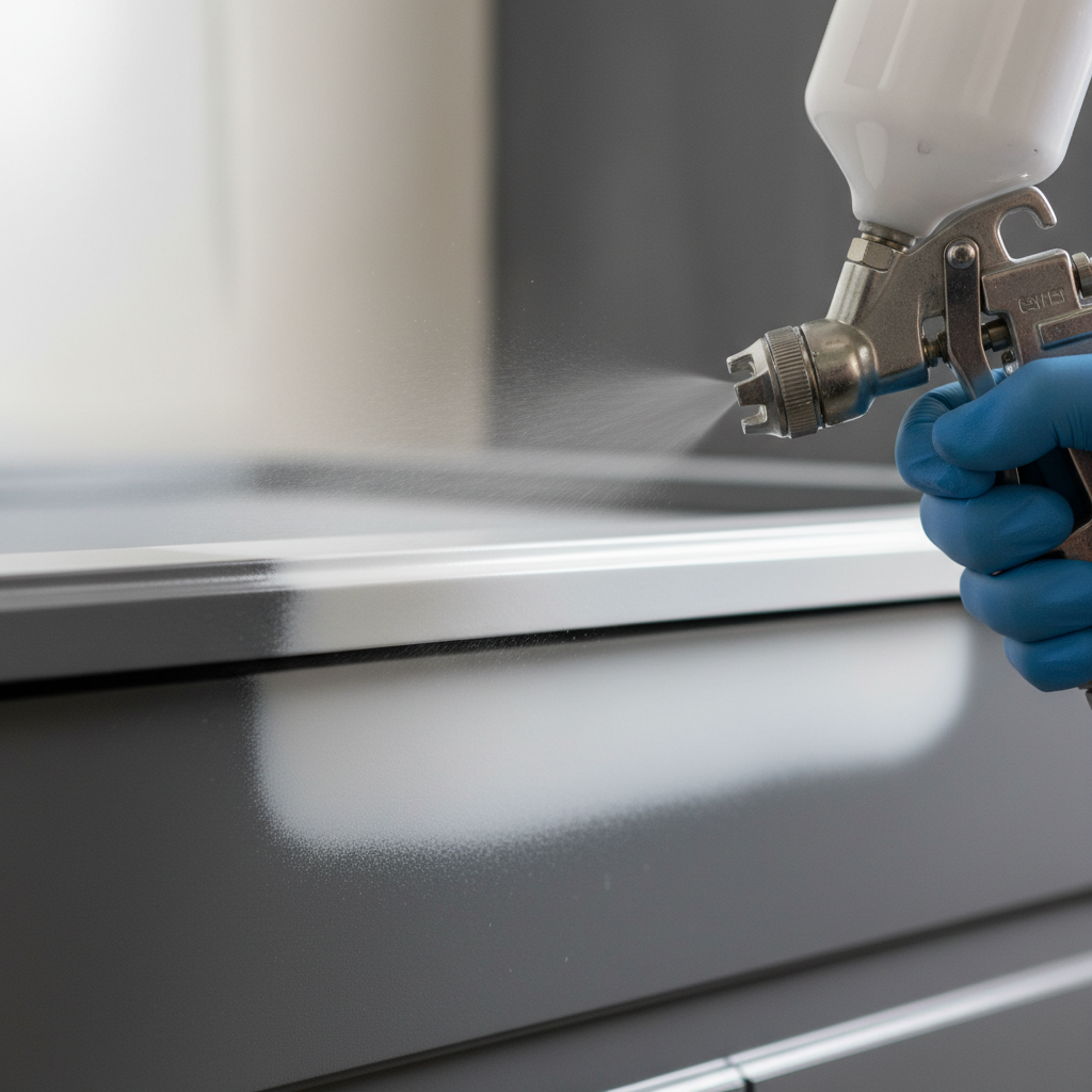 Close-up of HVLP spraying Benjamin Moore cabinet paint on a cabinet door with smooth leveling enamel finish