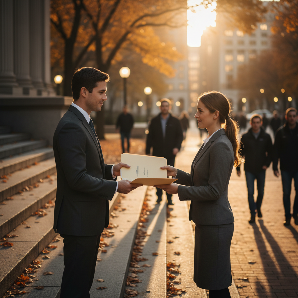 Side-angle scene of two adults exchanging a signed folder on courthouse steps, representing clean service in an uncontested divorce
