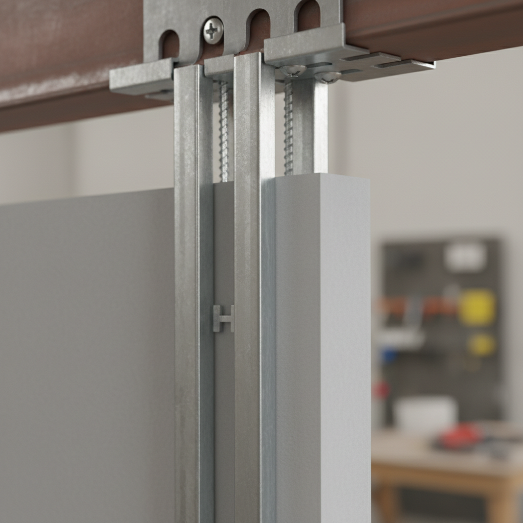 Close-up of C-H shaft wall stud in J-track with 1-inch shaftliner and slotted deflection track for shaft wall framing detail