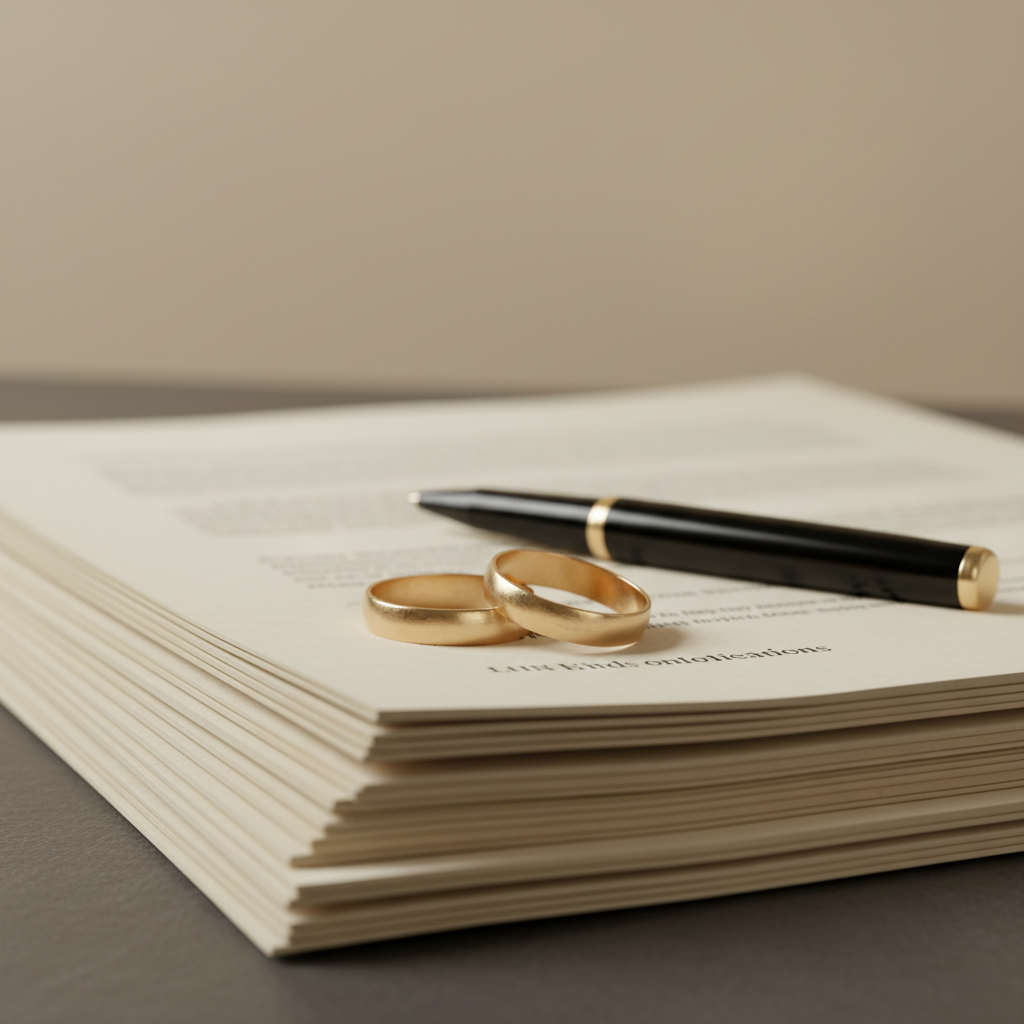 Close-up of wedding rings on Ontario uncontested divorce documents, symbolizing amicable separation and legal paperwork in Toronto