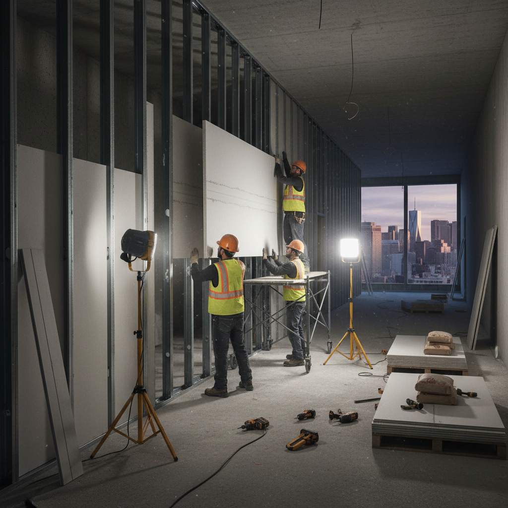 Installers sliding a 1-inch shaftliner panel into a pre-installed shaft wall assembly in a high-rise corridor, demonstrating shaft wall framing sequence