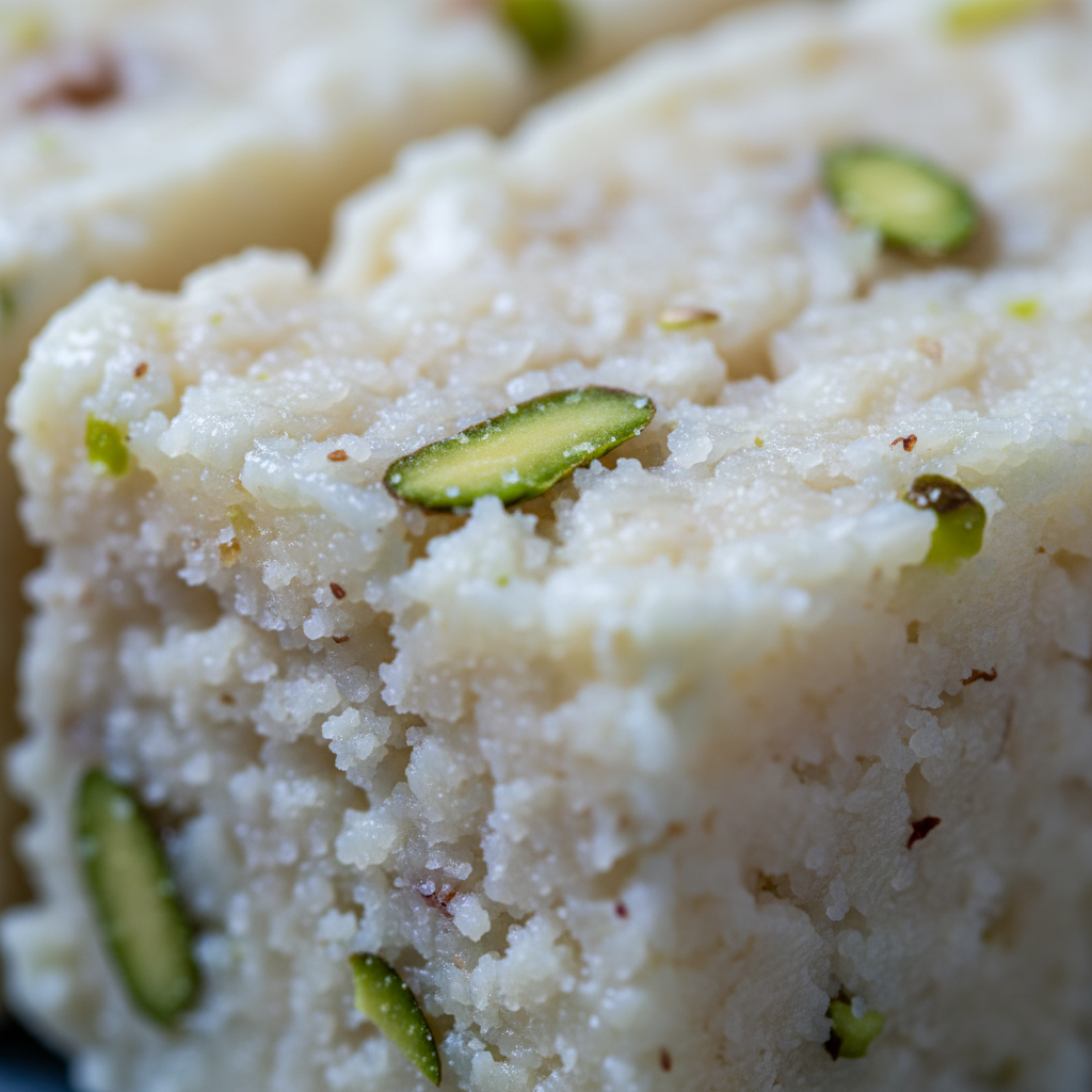 Close-up texture of kalakand made with condensed milk, showing milky crumb, cardamom, and pistachios