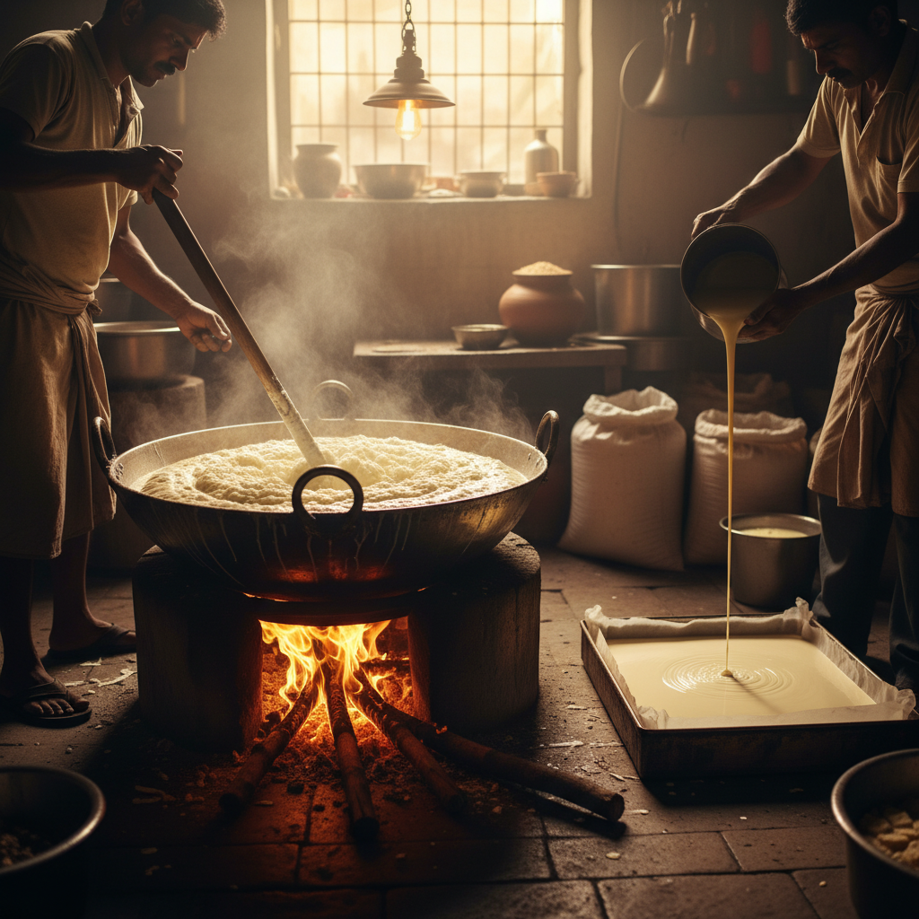 Halwai stirring thickened milk and pouring condensed milk mixture for barfi in a kadai, action shot