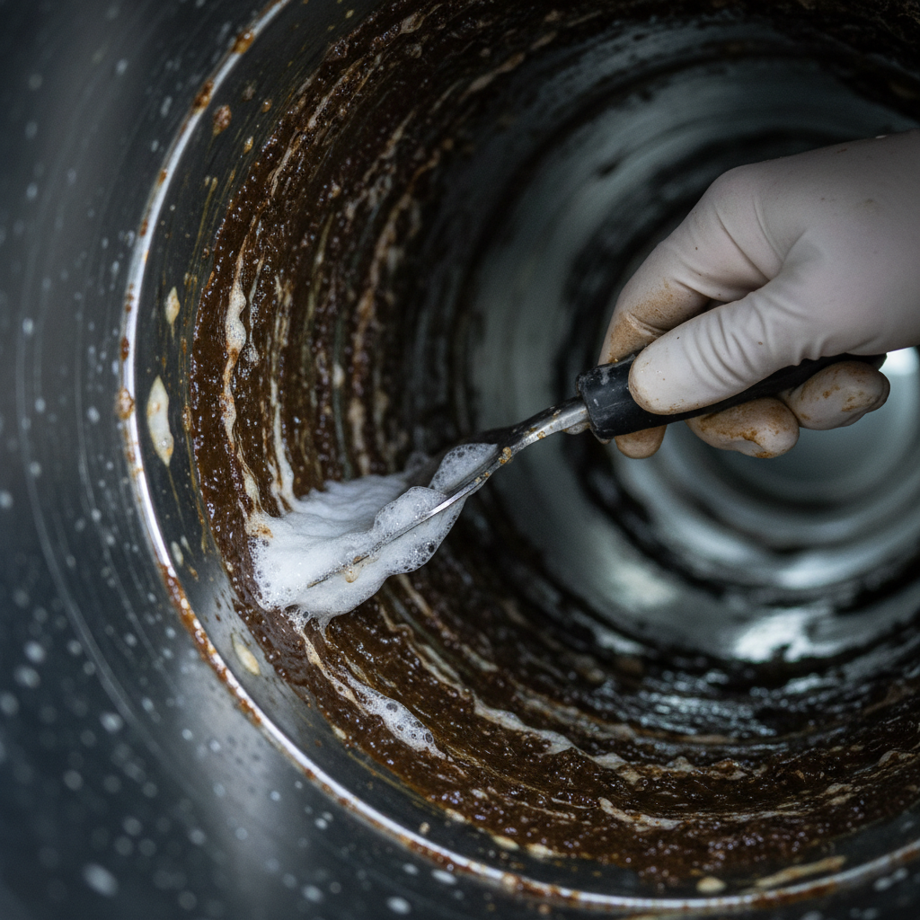 Close-up of grease inside a metal duct being emulsified with foaming degreaser during grease duct cleaning