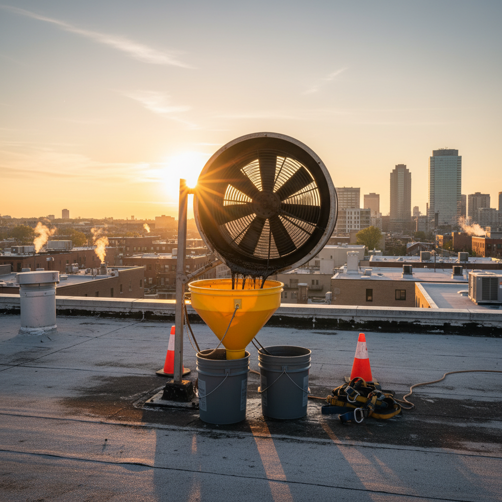 Upblast exhaust fan opened on a rooftop with grease containment in place, part of a professional grease duct cleaning service
