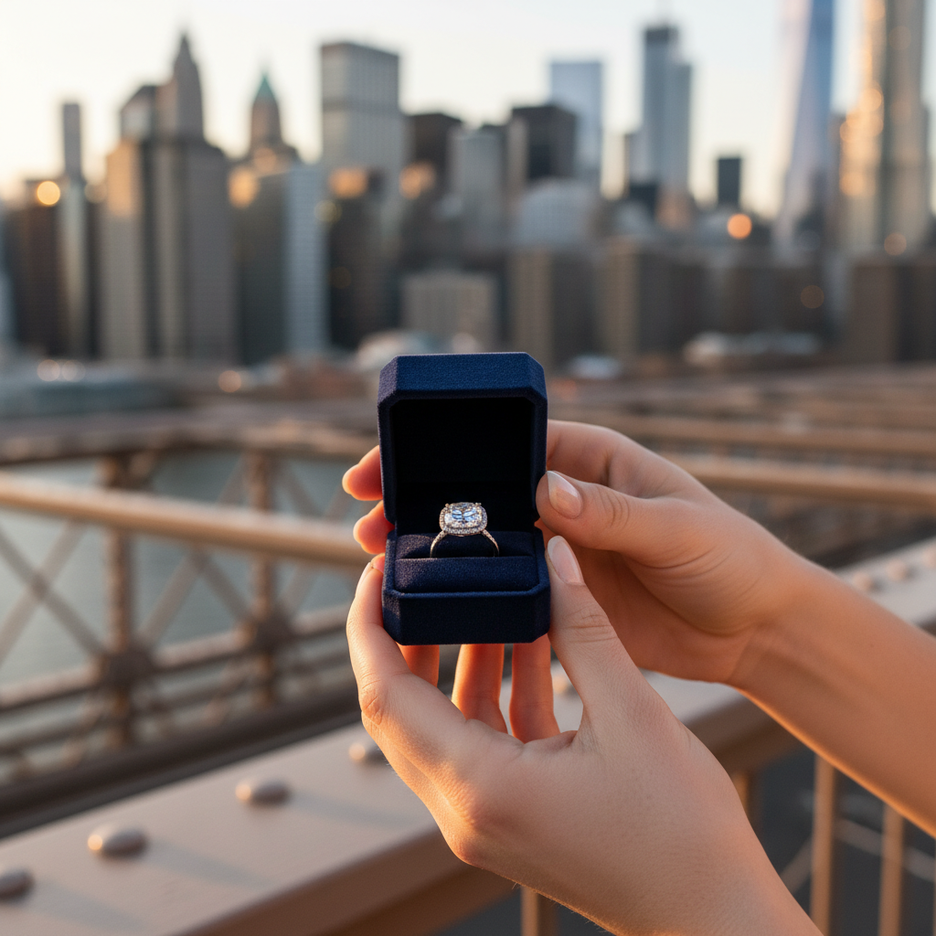 Lifestyle scene: proposal ring box opened at golden hour in Manhattan, showcasing a lab-grown diamond engagement ring ready for the moment
