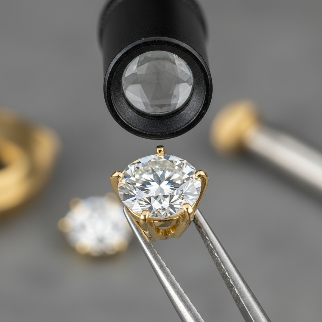 Macro close-up of a lab-grown round brilliant diamond in a six-prong 14k gold setting, ideal for engagement rings with lab grown diamonds