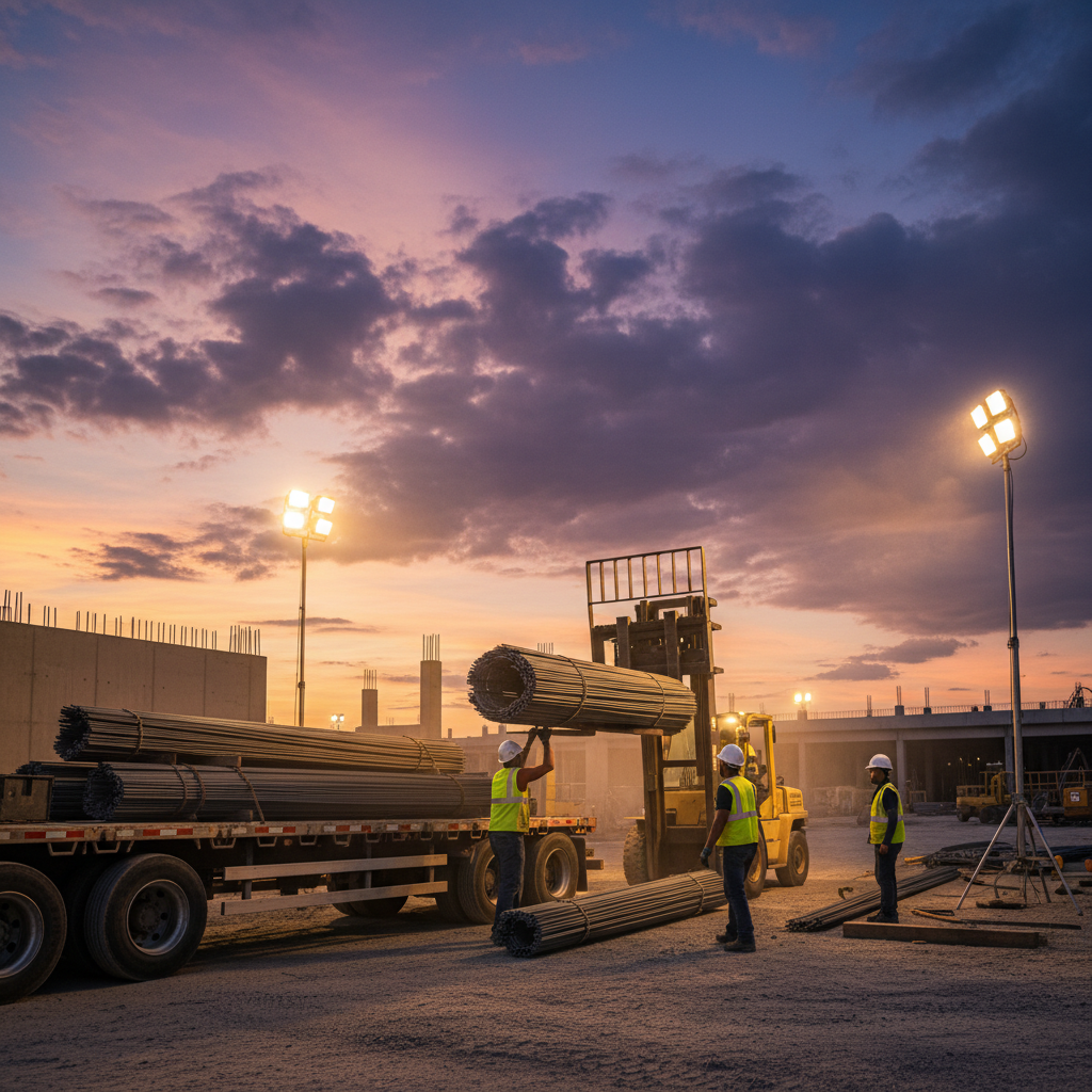 Rebar delivery scene with a flatbed truck unloading bundled steel for Ontario rebar projects