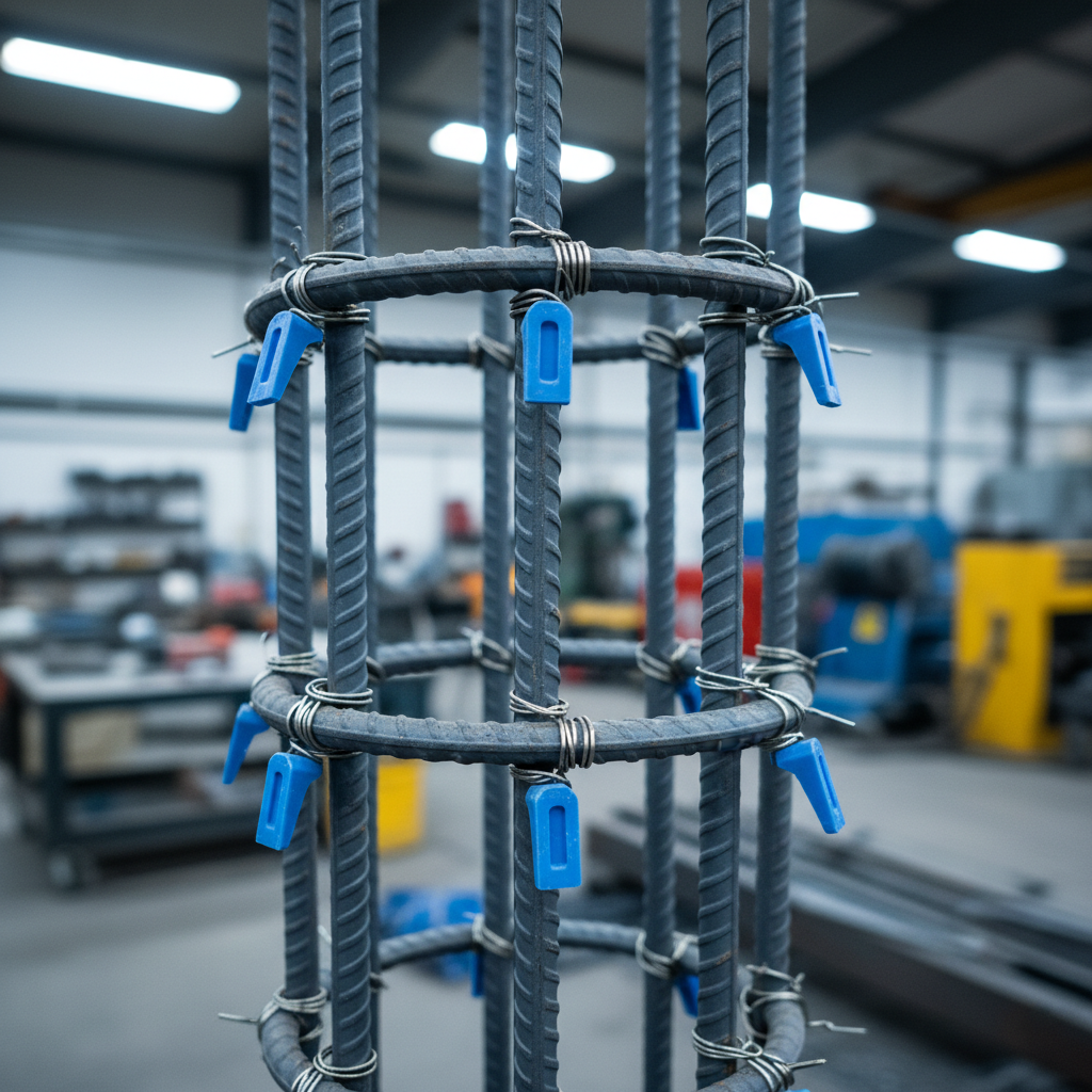 Close-up of a rebar cage during fabrication with tie wire and spacers for rebar projects