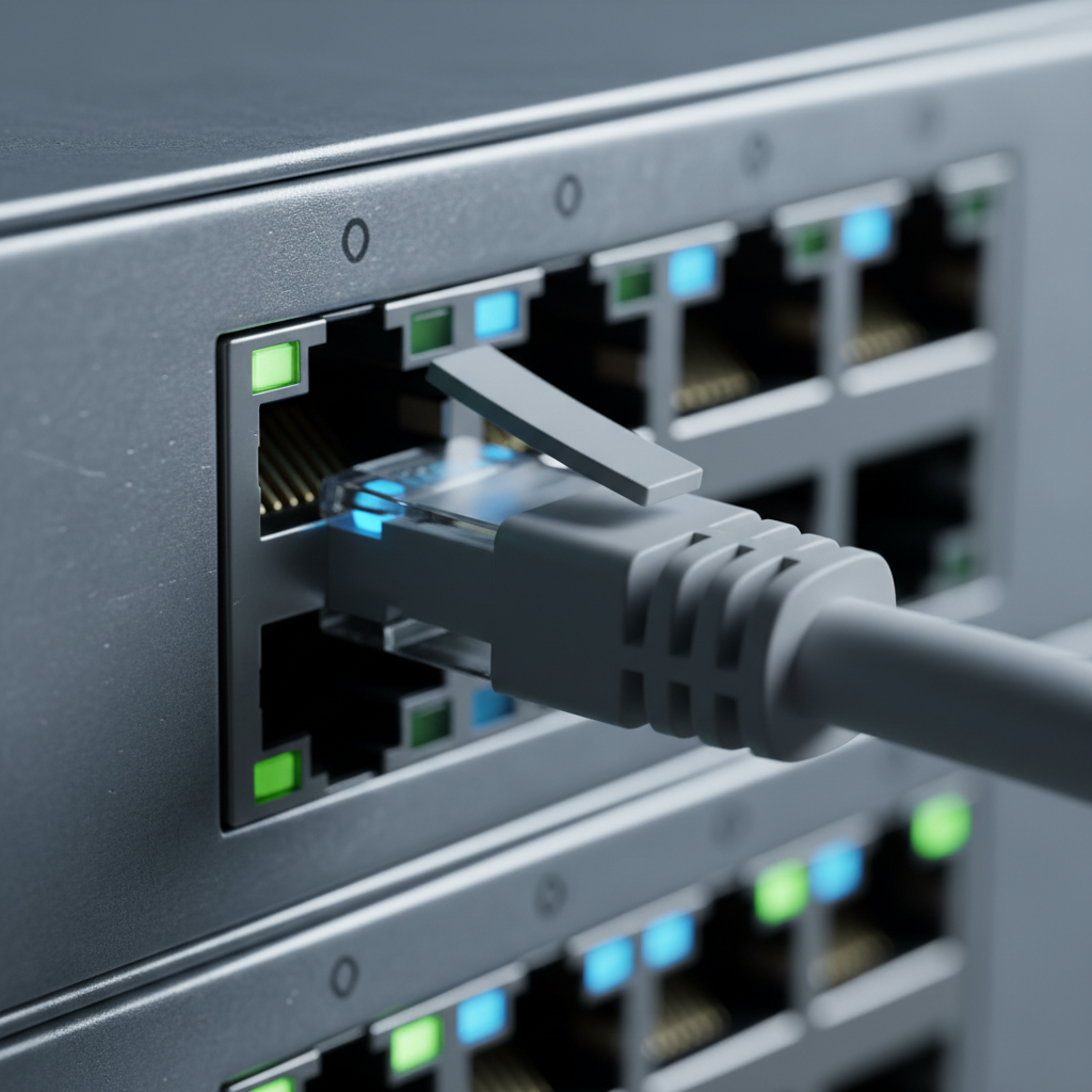Close-up of network cable snapping into switch symbolizing a SaaS integration platform connection with reliable, low-latency data flows