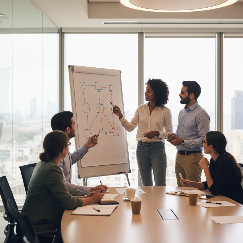 Team collaborating at a whiteboard to design an integration architecture and content workflow that UpliftAI can publish to CMS platforms