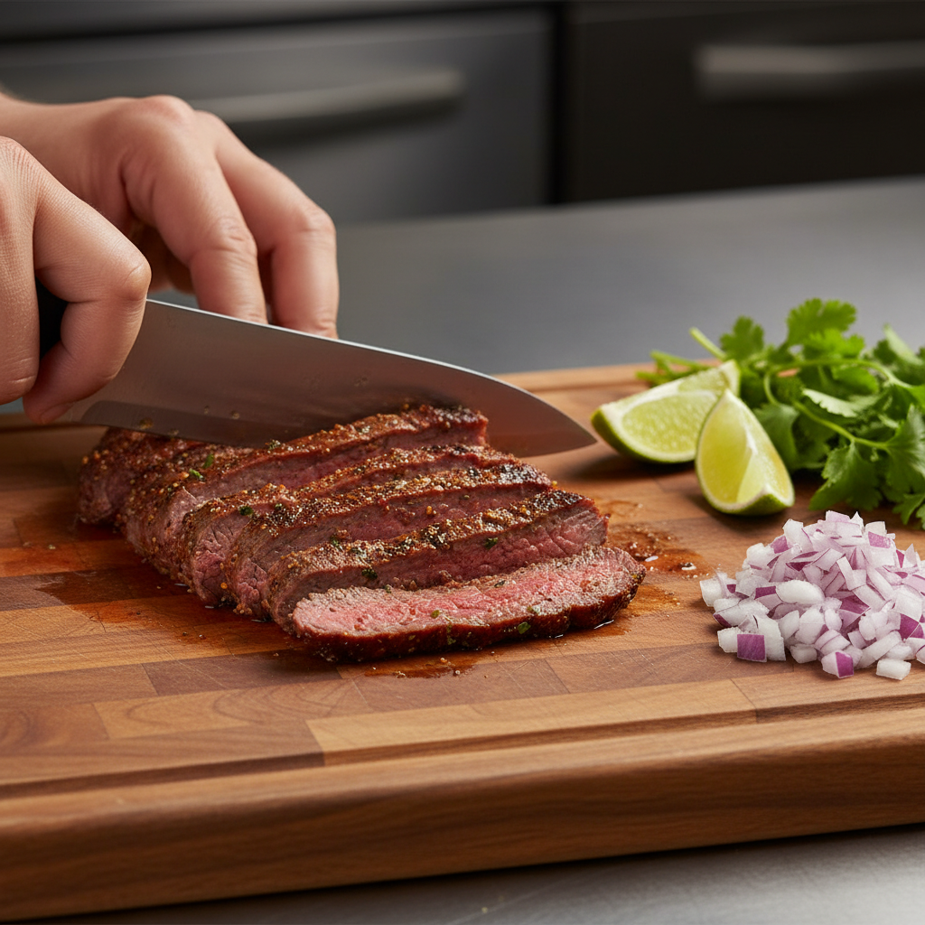 Close-up of grilled carne asada prep for Mexican takeout in Toronto, showing fresh cilantro, onion, and lime for pickup orders