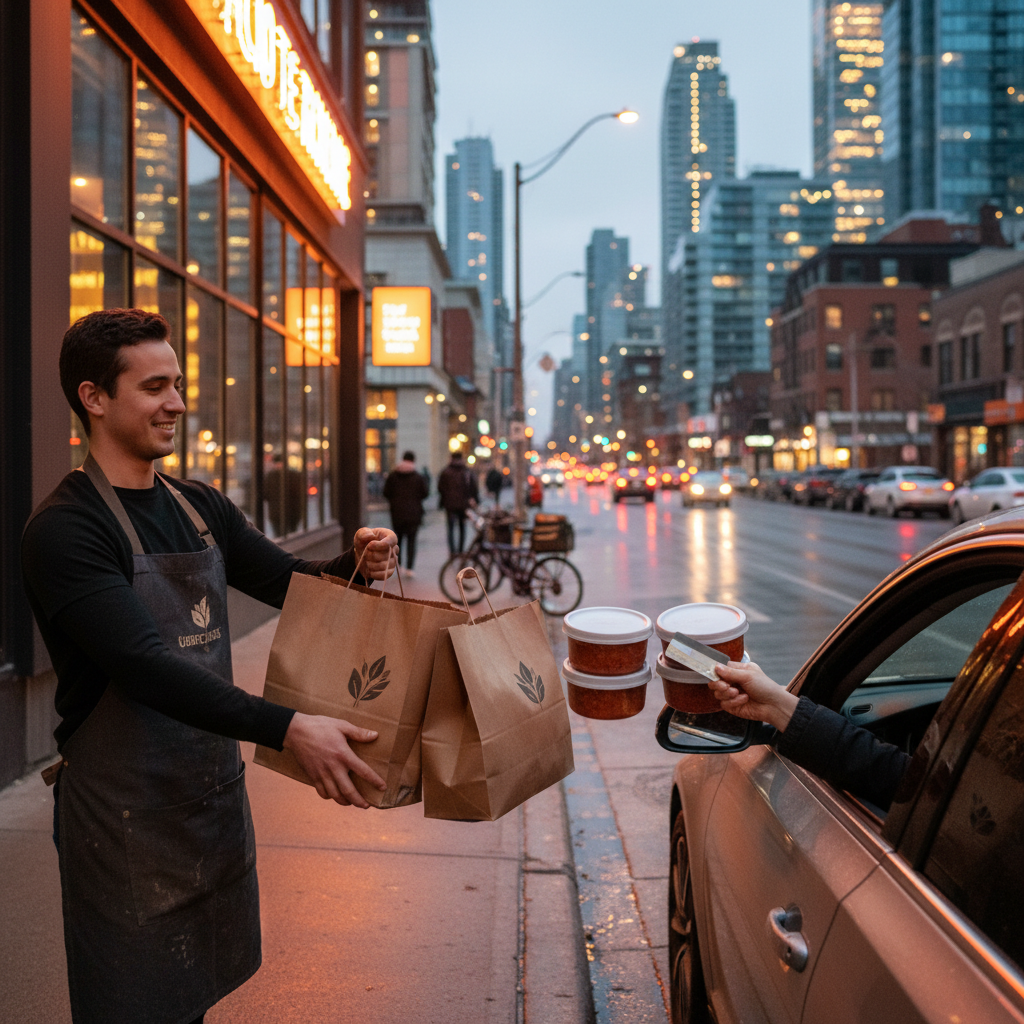 Curbside takeout handoff in Toronto with eco-friendly bags for restaurant pickup options