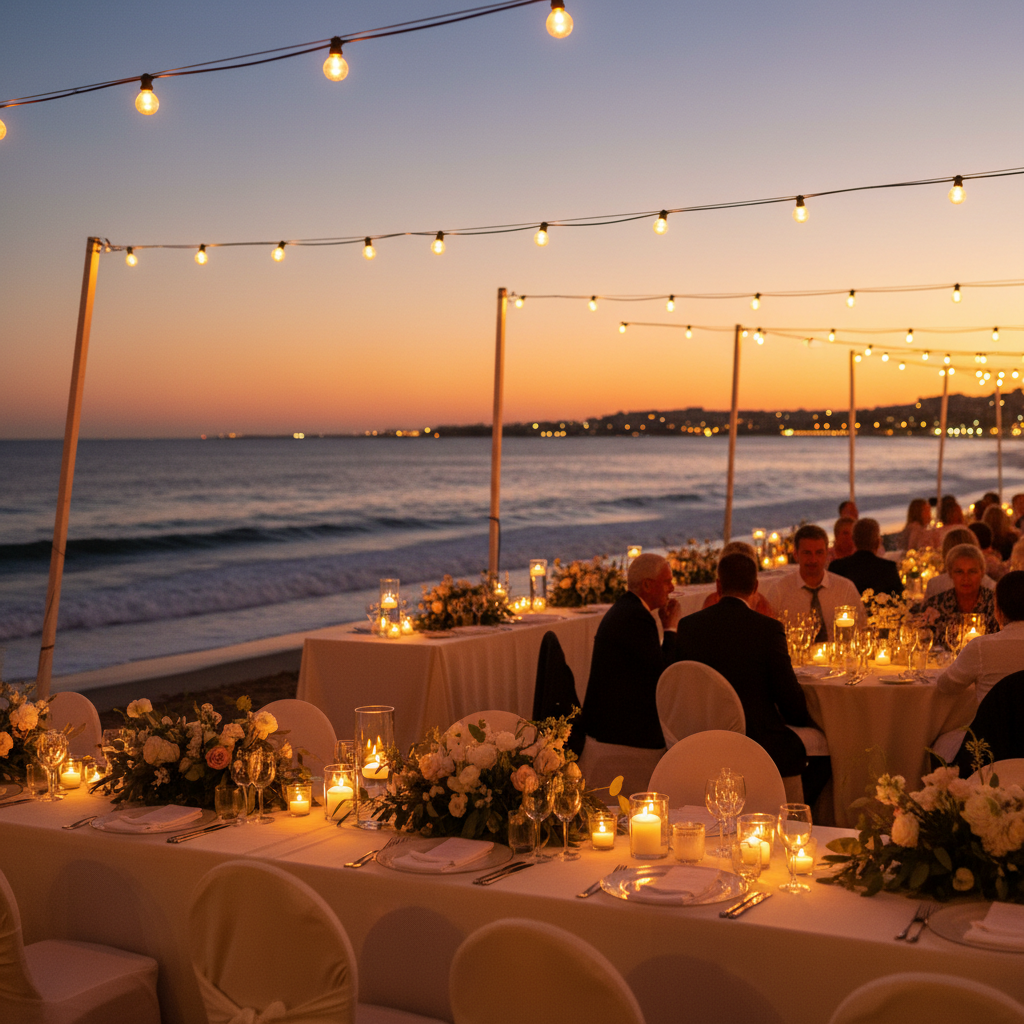 Upscale seaside wedding reception scene with string lights and low floral centerpieces