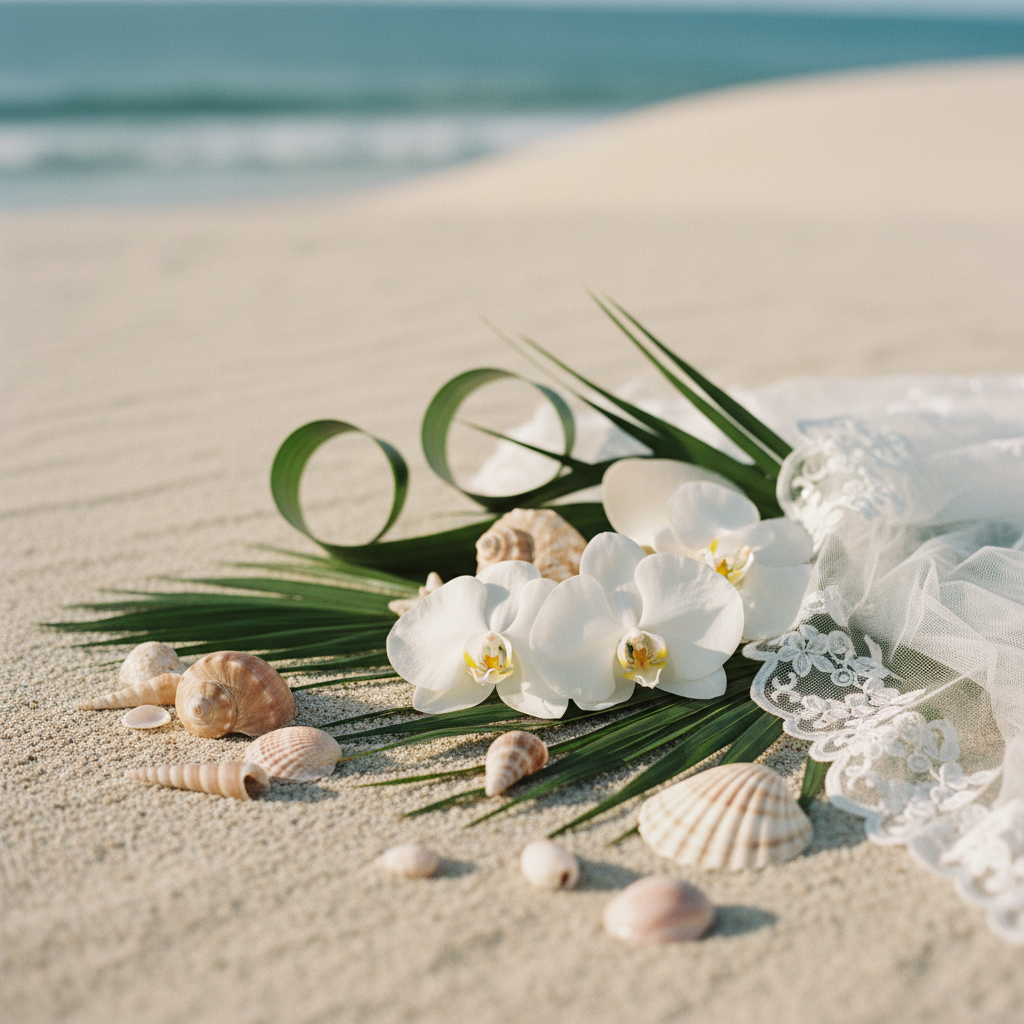 Detail shot of tropical destination wedding elements on sand for avoiding overseas wedding planning mistakes