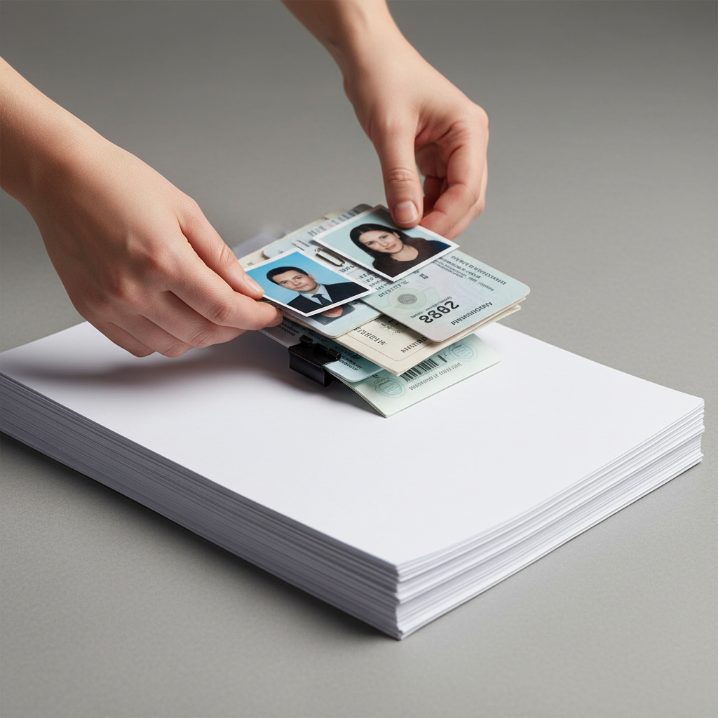 Close-up of hands organizing a citizenship application document checklist with photos and IDs, ready for IRCC submission
