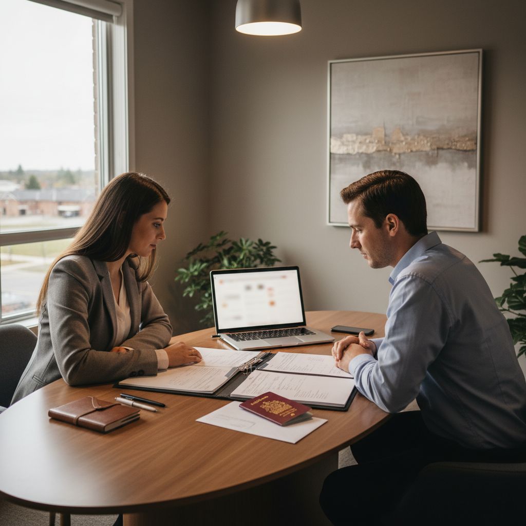 Immigration consultant in Mississauga reviewing a citizenship document checklist with a client in a modern office