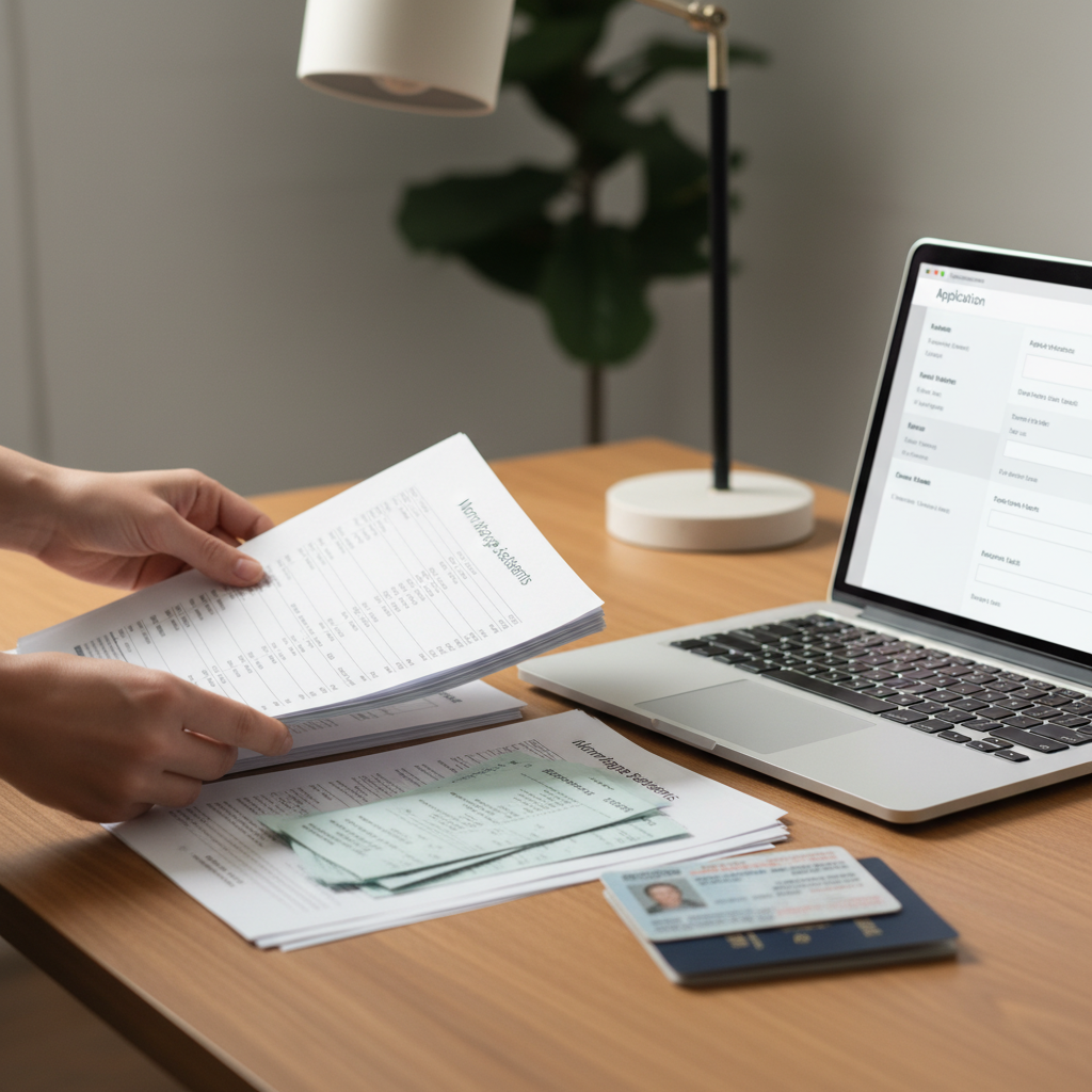 Close-up of organized mortgage documents and an online home loan application form