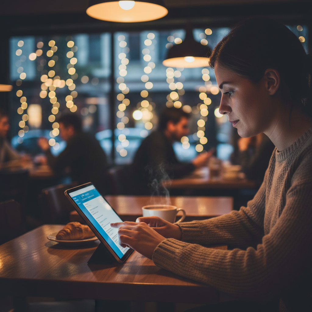 Person completing a digital mortgage application on a tablet in a relaxed setting