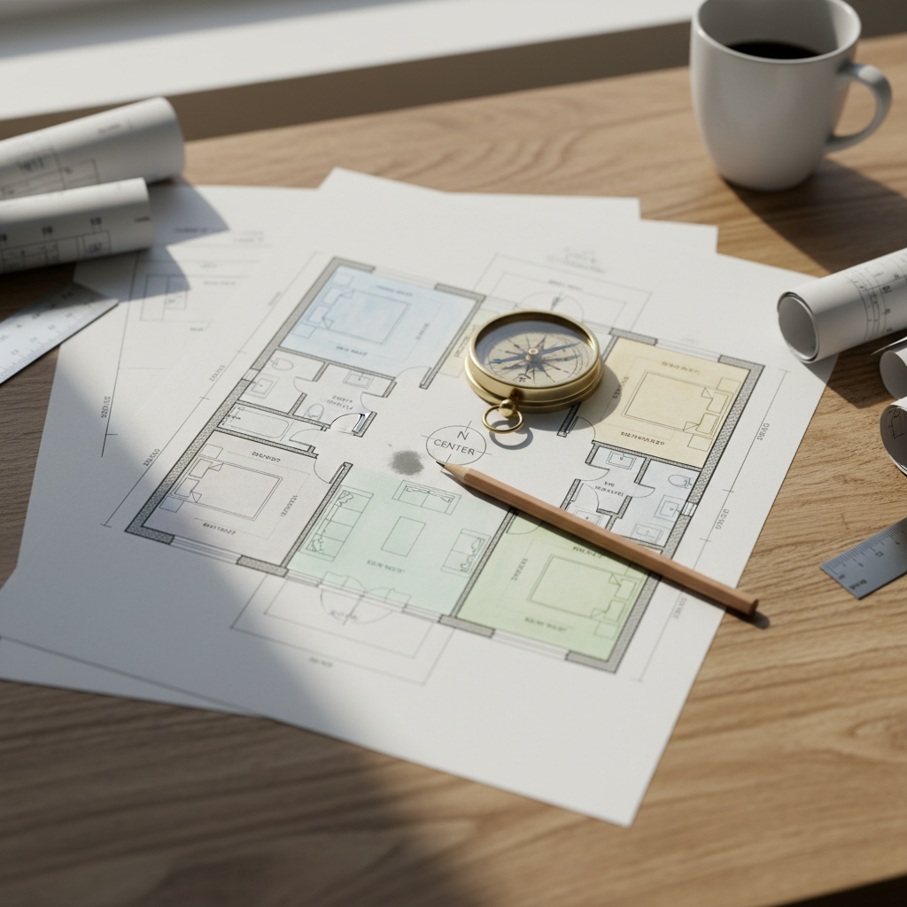 Top-down floor plan with compass and pencil showing Vastu orientation mapping for a home checklist