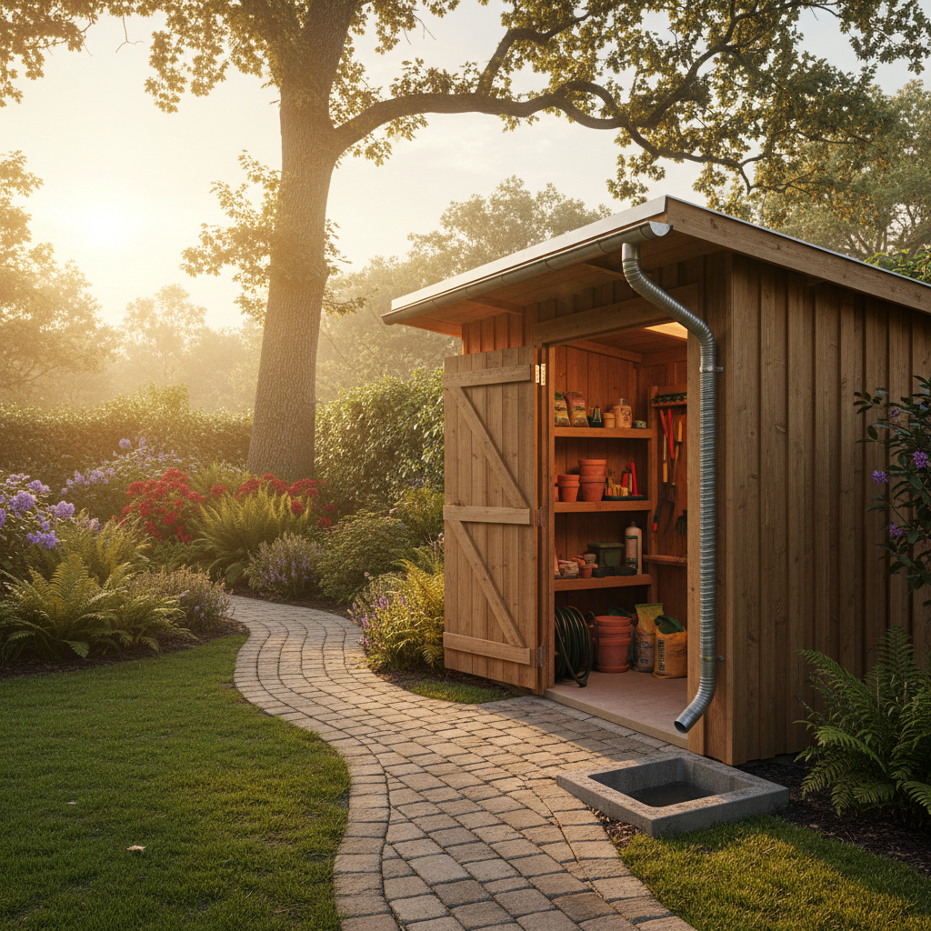 Finished garden shed with gutters, splash block, and paver path integrated into landscaped backyard for dry, easy access