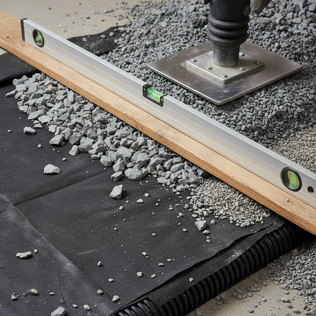 Compacted gravel shed base with geotextile, 3/4-inch clear stone, and level for precise slope during garden shed installation