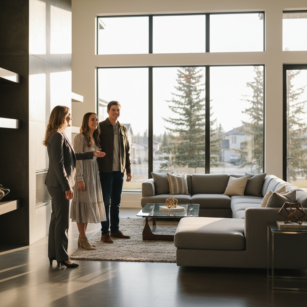 Edmonton real estate agent guiding buyers through a showhome living room tour