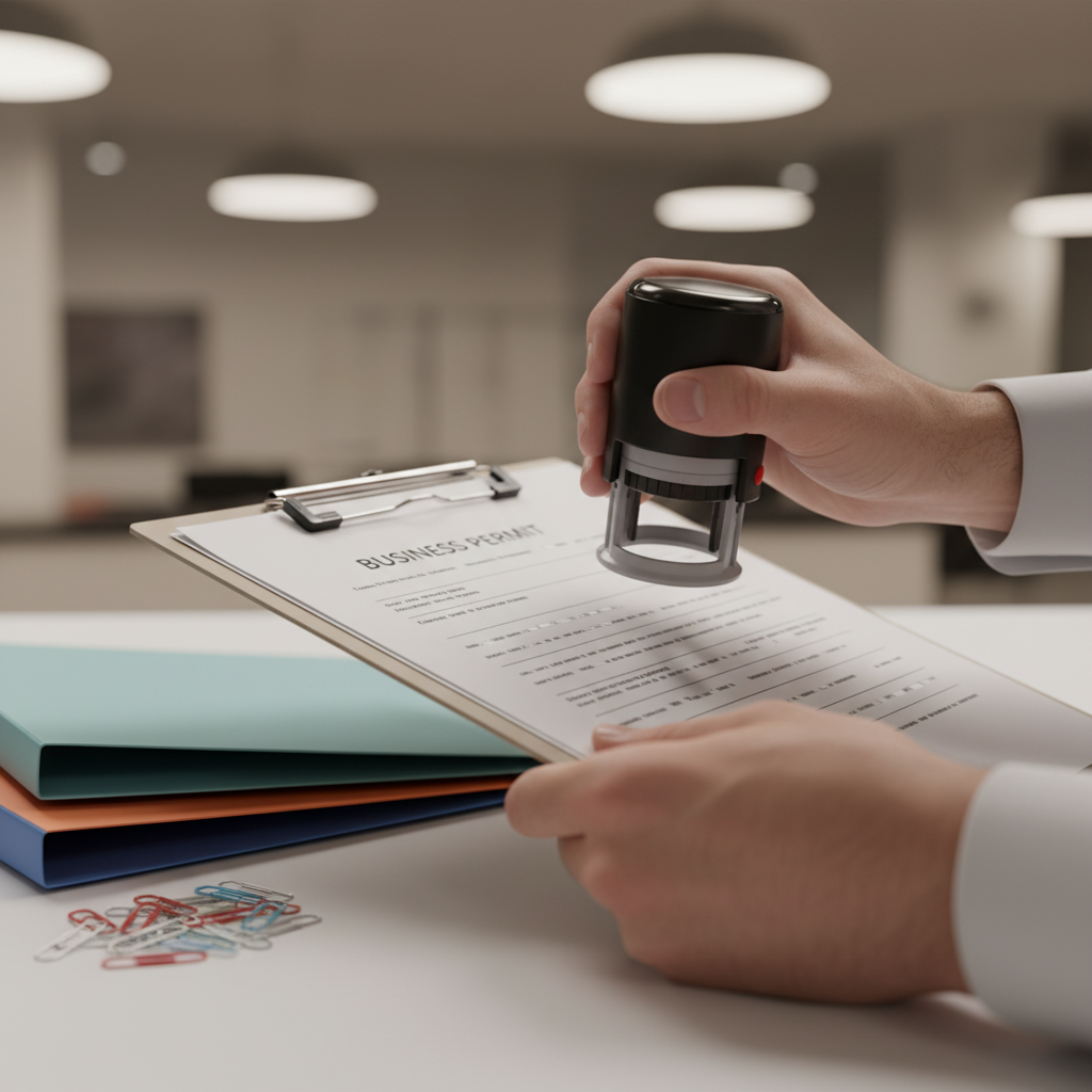 Detail shot of permit stamping during business launch approvals preparation in Toronto, illustrating licensing and permits Canada workflow