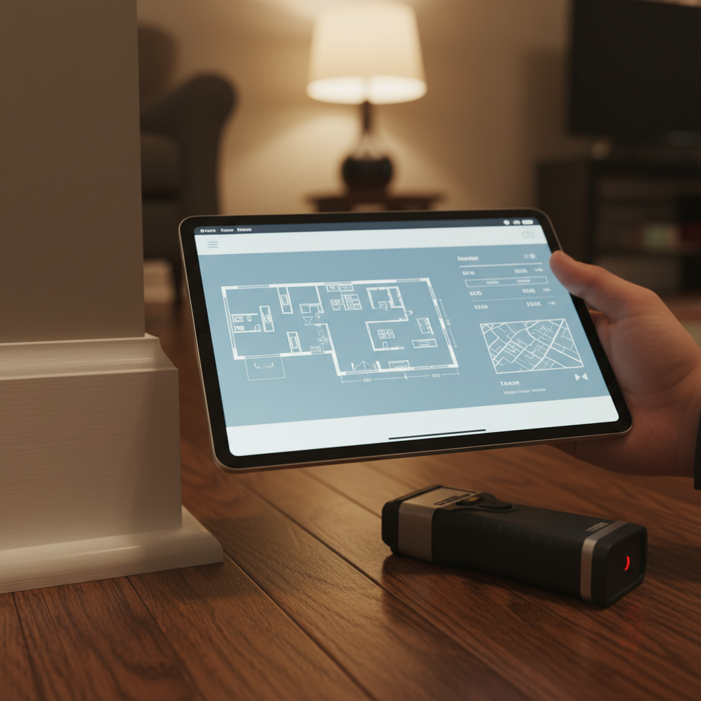 Close-up of appraisal tools: tablet and laser measurer used during a home appraisal in Brampton for accurate valuation