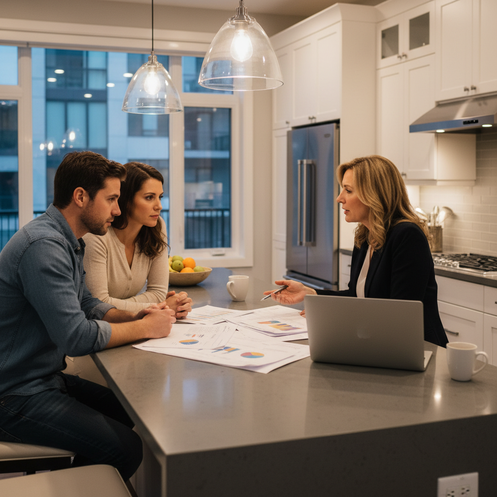 Home appraisal consultation scene with a couple and Realtor reviewing a valuation report at a kitchen island in the GTA