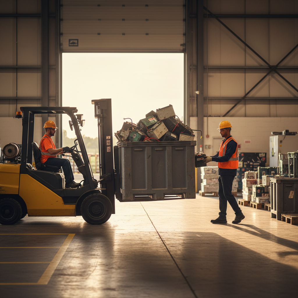 Forklift moving a secured tote of used lead-acid batteries inside a recycling facility in Toronto for safe processing