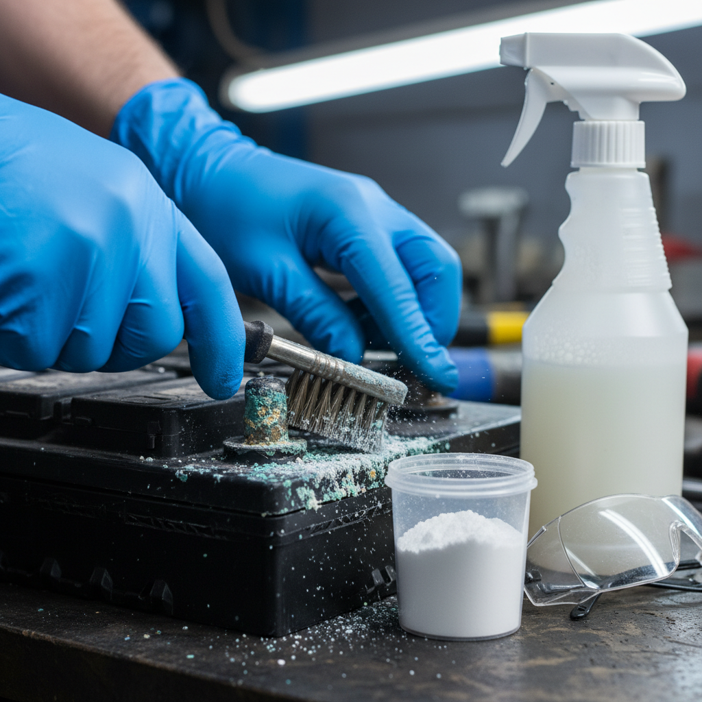 Close-up of lead-acid battery terminals being cleaned before recycling to improve lead battery scrap price grading